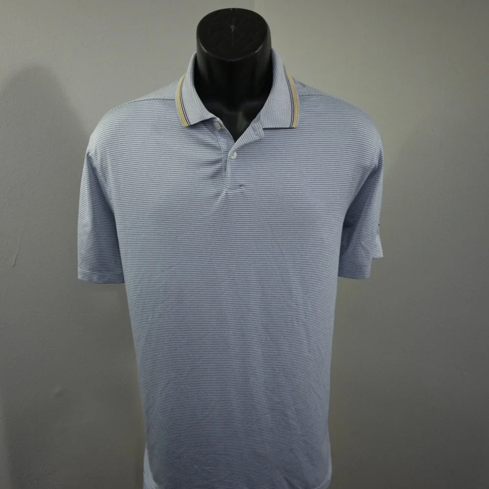 Nike Golf Polo Men M Blue Striped Dri-Fit Short Sleeve Athletic Shirt